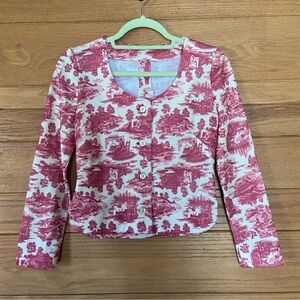 Vintage 1970s toile country cottage printed button up long sleeve top